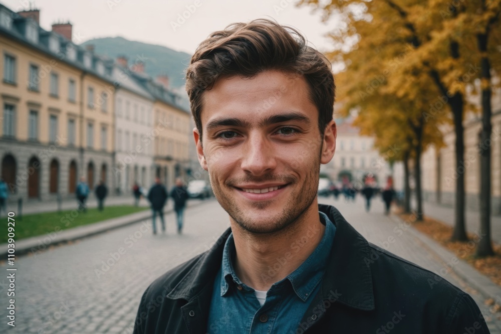 Close portrait of a smiling young Georgian man looking at the camera, Georgian city outdoors blurred background Close portrait of a smiling young Georgian man looking at the camera, Georgian city outdoors blurred background