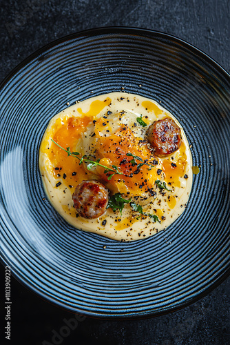 Creamy carbonara with sausage, garnished with herbs and spices, served in stylish bowl. This dish showcases rich flavors and delightful presentation