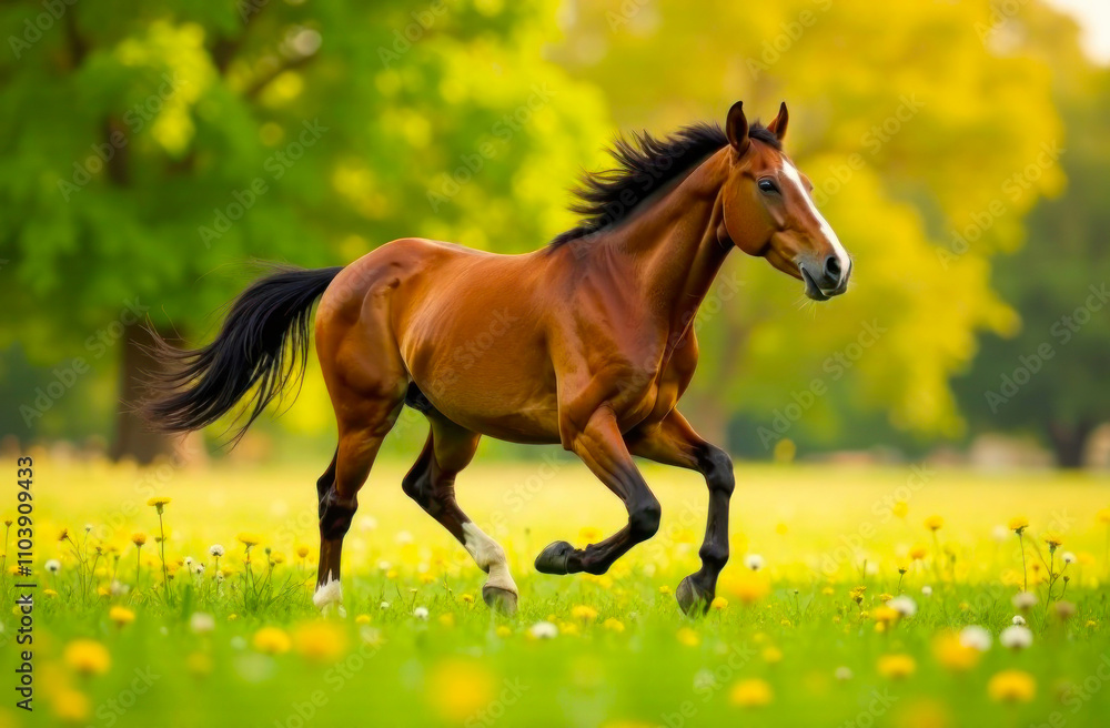 Obraz premium A brown horse runs gracefully through a lush green meadow adorned with bright wildflowers under a clear sky