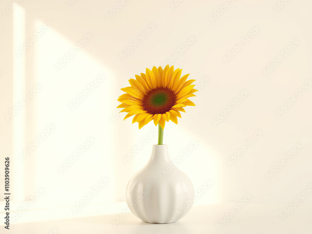 sunflower in a simple white vase with gentle curves and soft light, subtle, green, understated, illustration, home sunflower in a simple white vase with gentle curves and soft light, subtle, green, understated, illustration, home
