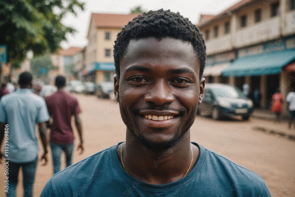 Close portrait of a smiling young Ghanaian man looking at the camera, Ghanaian city outdoors blurred background Close portrait of a smiling young Ghanaian man looking at the camera, Ghanaian city outdoors blurred background
