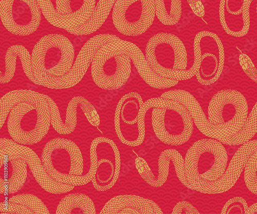 Seamless pattern golden snake zodiac sign with asian elements paper cut style on red background. Happy chinese new year 2025 the snake zodiac sign. Seamless pattern gold snake vector illustration.