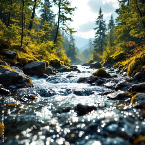 Close-up Otta River scene, Fossbergom, Norway. AI art. photo