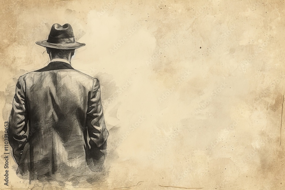 A man dressed in a formal suit and fedora gazes thoughtfully to the side, positioned against a softly textured, faded background, conveying a sense of solitude and contemplation. Copy space A man dressed in a formal suit and fedora gazes thoughtfully to the side, positioned against a softly textured, faded background, conveying a sense of solitude and contemplation. Copy space