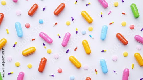 A vibrant assortment of colorful pills and candies scattered on a light background, creating a playful and lively composition.