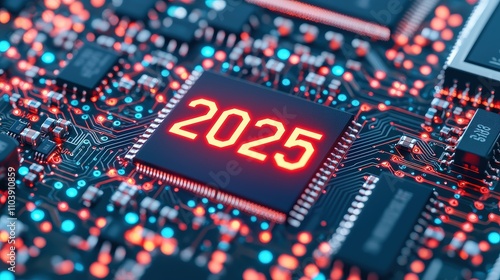 Close-up view of a circuit board with glowing numbers 2025.