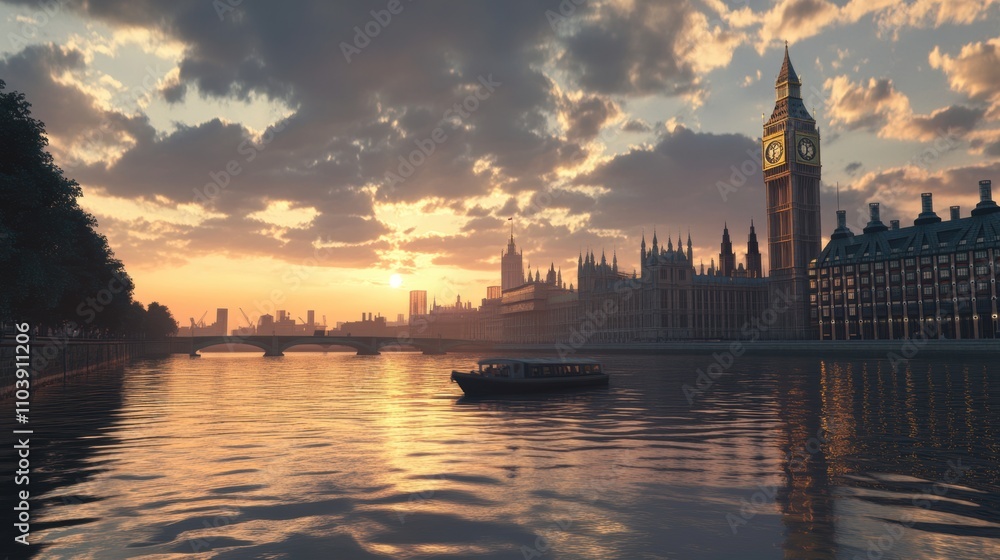 Obraz premium Breathtaking View of the London Skyline at Sunset Featuring the Iconic Big Ben