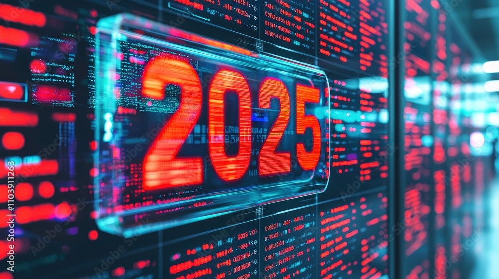 Futuristic digital display showing the year 2025 in neon lights. Futuristic digital display showing the year 2025 in neon lights.