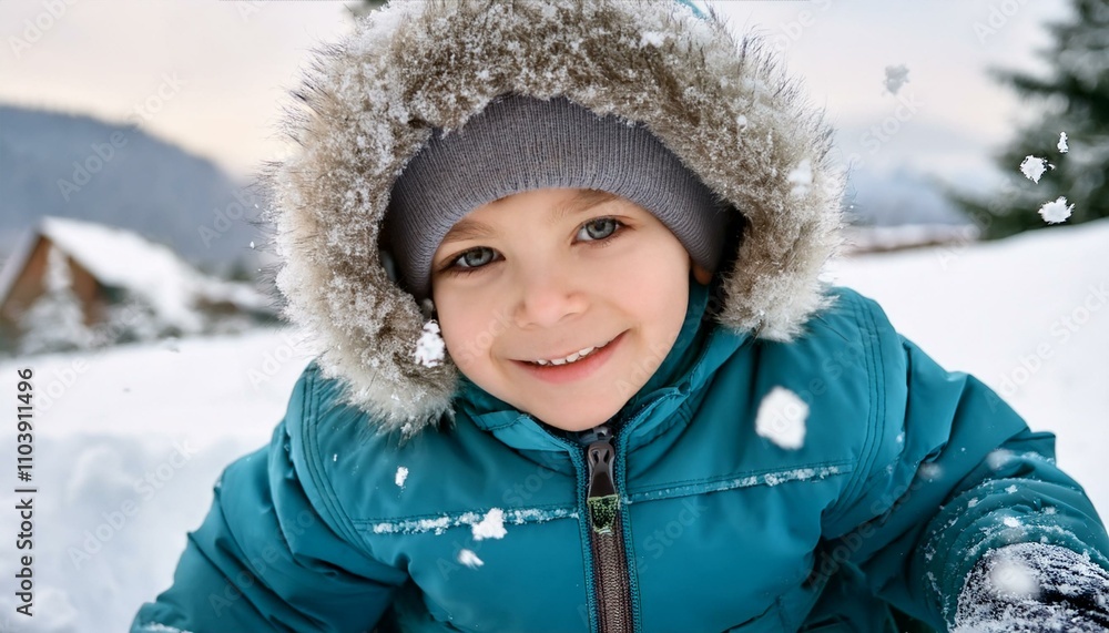 A portrait of a kid playing and smiling at the camera during snow fall; kid enjoying a snow day in the winter season; a happy kid looking at the camera outside in the snow; portrait photography; love A portrait of a kid playing and smiling at the camera during snow fall; kid enjoying a snow day in the winter season; a happy kid looking at the camera outside in the snow; portrait photography; love