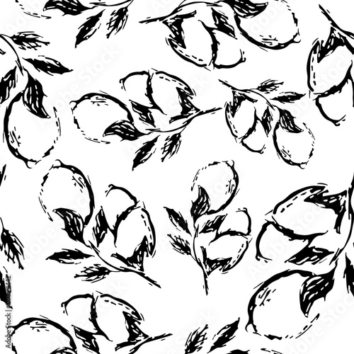 seamless pattern with lemons and lemon branches in sketch style drawn with black lines, for textile, packaging or various patterns