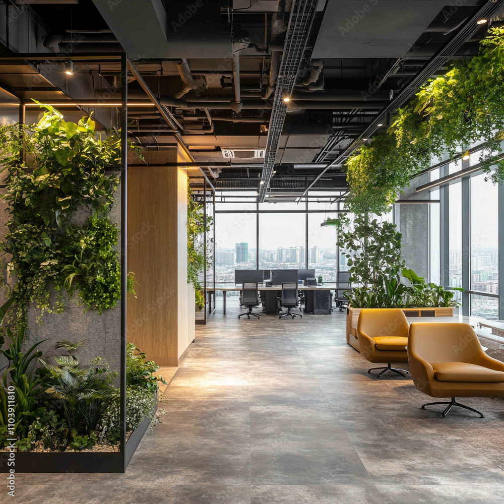 Greenery infused modern office design promoting productivity and wellness Greenery infused modern office design promoting productivity and wellness
