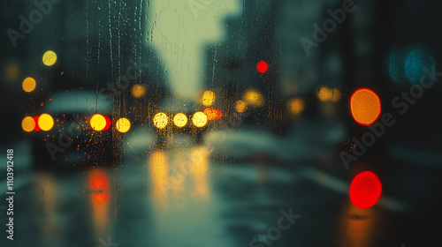 vidro com chuva com blur e luzes de carros