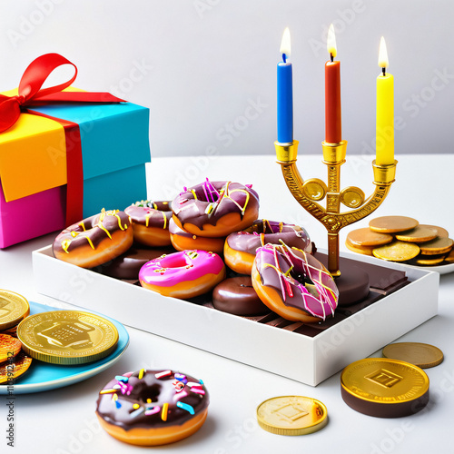 Donuts, dreidels, chocolate coins, menorah, and gift box are arranged in a colorful and festive holiday display on a white surface. photo