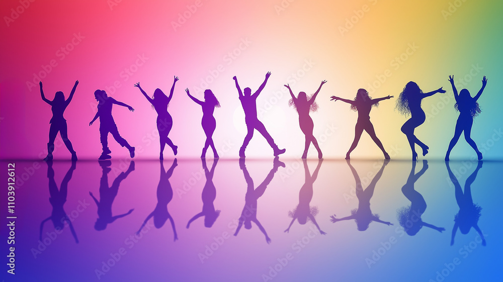 Dancing Silhouettes on a Vibrant Colorful Background Dancing Silhouettes on a Vibrant Colorful Background