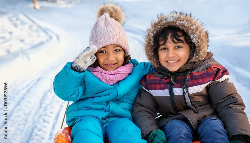 Happy and smiling kids riding the sled and playing in the snow; joyful and exciting kids smiling at the camera as they sled on the white snow; kids are happy playing in the snow; portrait photography Happy and smiling kids riding the sled and playing in the snow; joyful and exciting kids smiling at the camera as they sled on the white snow; kids are happy playing in the snow; portrait photography