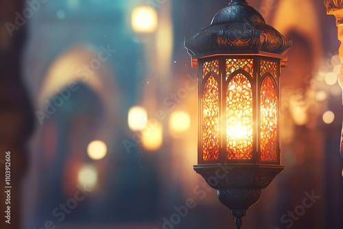 Islamic ramadan kareem celebration lantern with beautiful bokeh lights in the background.