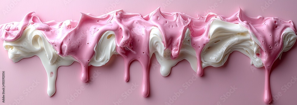 Against a clear backdrop, beige liquid resembling melting vanilla ice cream flows over a dessert, with condensed milk, a 3D paint splash, and sweet icing drops, all in a contemporary style. Against a clear backdrop, beige liquid resembling melting vanilla ice cream flows over a dessert, with condensed milk, a 3D paint splash, and sweet icing drops, all in a contemporary style.