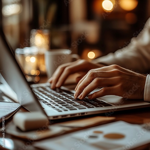 Calm Workspace with Hands on Laptop Keyboard