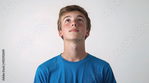 Young Boy Looking Upward with Hopeful Expression Against White Background