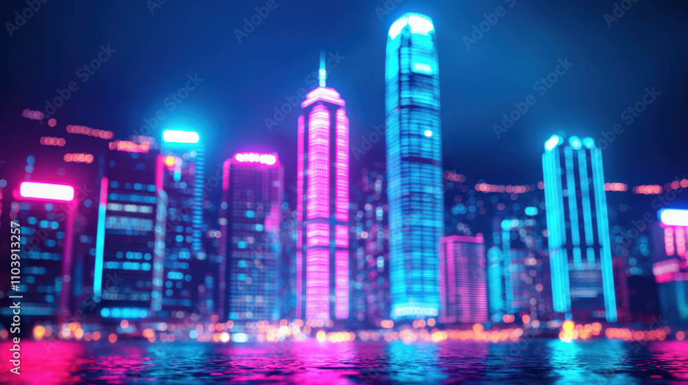 Fototapeta premium Neon lights reflecting on skyscrapers in a futuristic city at night