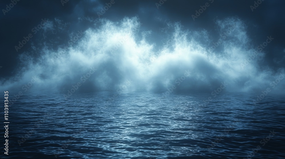 The image depicts smoke, magical haze, and blue glowing steam from a nightclub's perspective. The background reveals fog or mist covering a dark water surface, creating a mysterious natural The image depicts smoke, magical haze, and blue glowing steam from a nightclub's perspective. The background reveals fog or mist covering a dark water surface, creating a mysterious natural