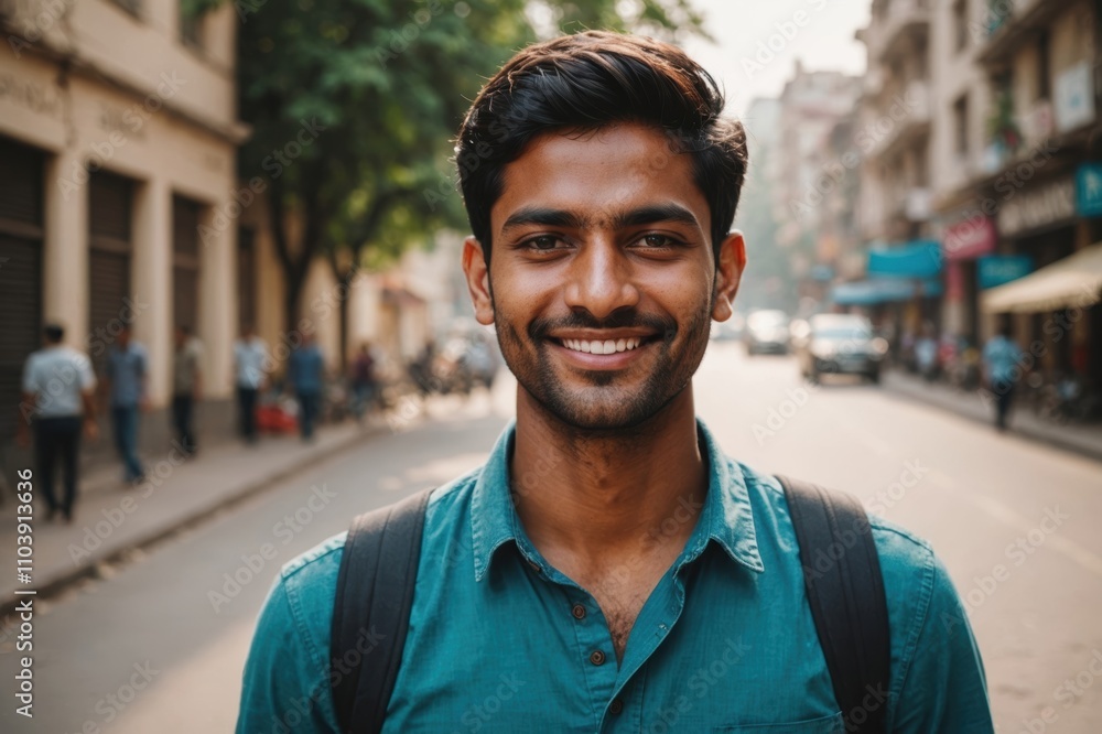 Close portrait of a smiling young Indian man looking at the camera, Indian city outdoors blurred background Close portrait of a smiling young Indian man looking at the camera, Indian city outdoors blurred background