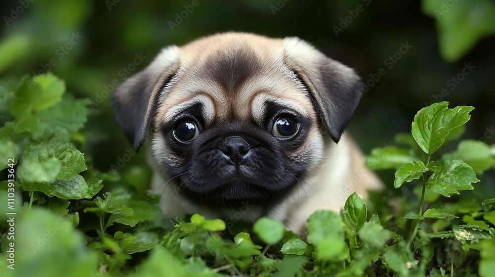 Adorable pug puppy peeking from lush green foliage. Adorable pug puppy peeking from lush green foliage.