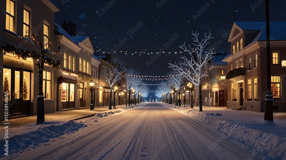 Christmas Celebration in a Winter Town: Festive Street Scene Outdoors Christmas Celebration in a Winter Town: Festive Street Scene Outdoors