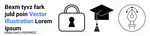 Padlock with keyhole, black graduation cap, and pen nib surrounded by design lines. Ideal for education, security, creativity, technology, knowledge access design. Landing page