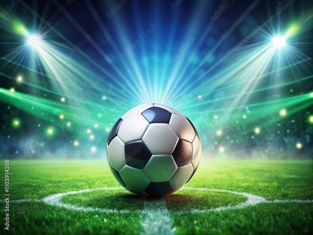 Fototapeta premium Vibrant 3D Illustration of a Soccer Ball Under Spot Rays on a Lush Green Field, Ideal for Text and Branding Spaces with High Depth of Field Effects