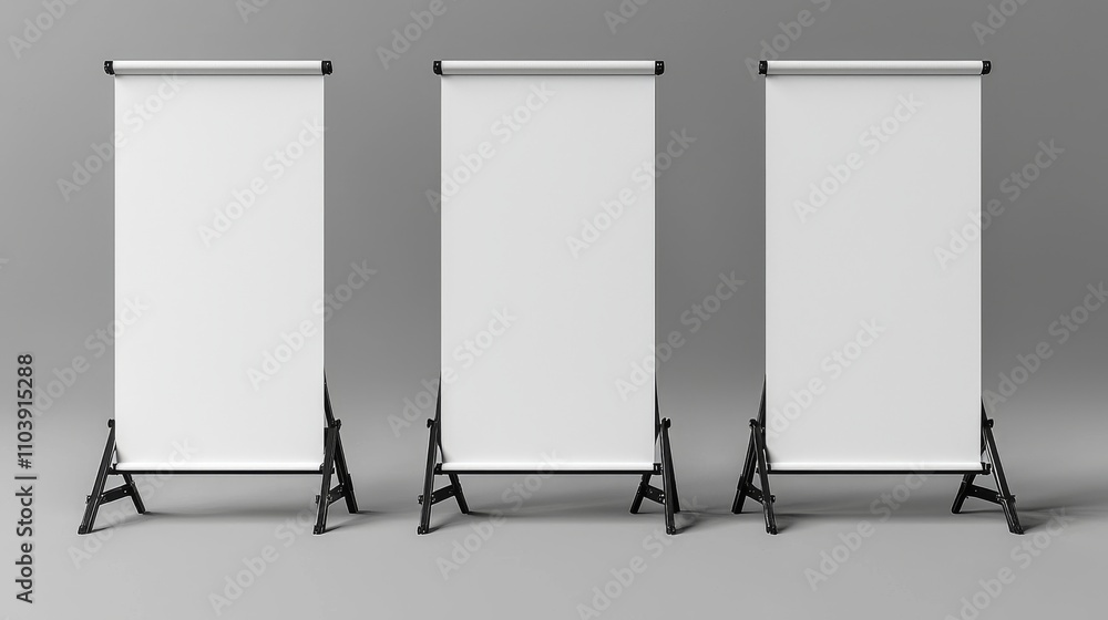 A vacant portable booth or roll-up board is perfect for promotional and advertising purposes. This contemporary realistic illustration features a blank vertical banner mockup for showcasing A vacant portable booth or roll-up board is perfect for promotional and advertising purposes. This contemporary realistic illustration features a blank vertical banner mockup for showcasing