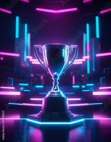 E-sports trophy in neon-lit studio with blurred background. Created with generative AI technology