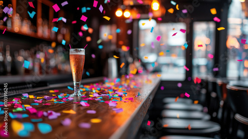 Confetti falling on bar counter with beer on new year's eve