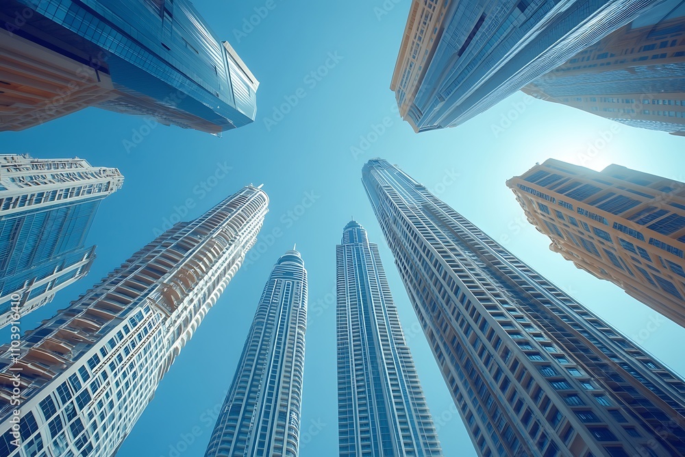 Fototapeta premium Magnificent Urban Skyline Low Angle Sun Rays & Contemporary Design