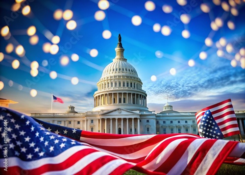 Vibrant American Flag with the United States Capitol Building in the Background, Symbolizing Patriotism and Democracy, Ideal for Celebrations and National Holidays