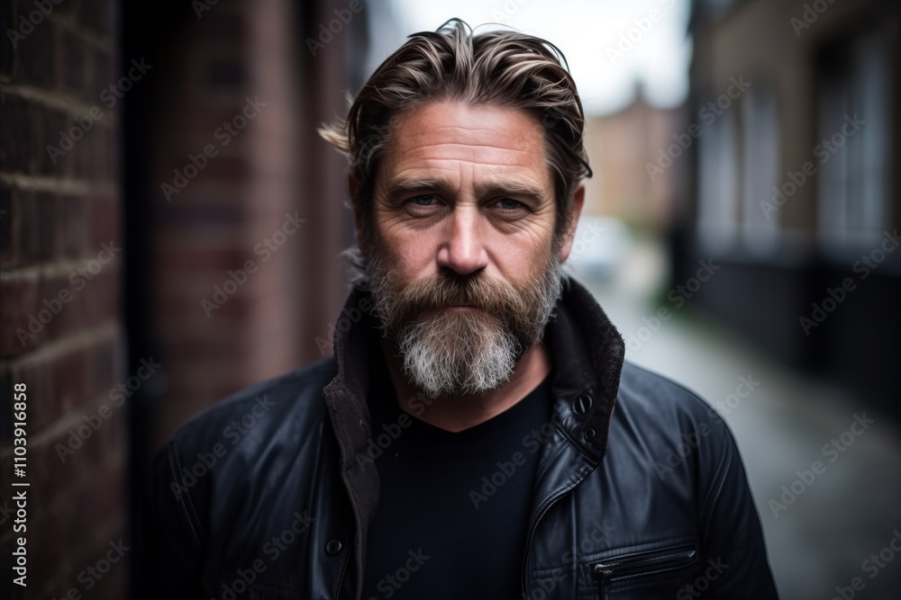 Portrait of a handsome middle aged man with long gray beard and mustache, wearing a leather jacket, standing in an urban environment. Portrait of a handsome middle aged man with long gray beard and mustache, wearing a leather jacket, standing in an urban environment.