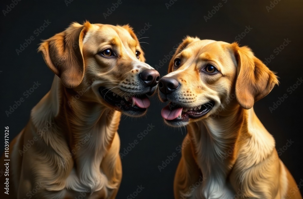 Two golden retrievers with bright smiles interact closely, showcasing their playful nature in a well-lit studio environment. Generative AI Two golden retrievers with bright smiles interact closely, showcasing their playful nature in a well-lit studio environment. Generative AI