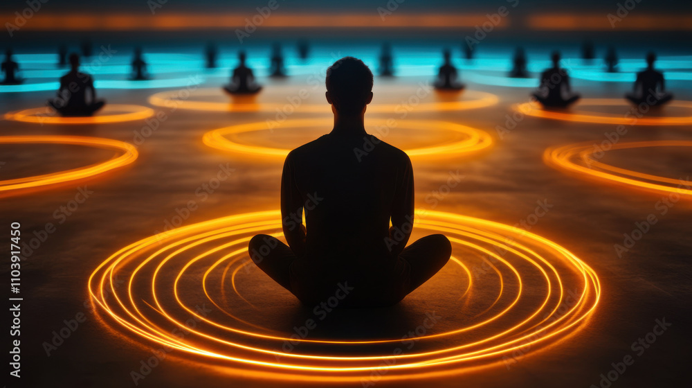 person meditates in serene space surrounded by glowing circles, creating tranquil atmosphere. ambient light enhances peaceful setting, inviting calm and focus person meditates in serene space surrounded by glowing circles, creating tranquil atmosphere. ambient light enhances peaceful setting, inviting calm and focus