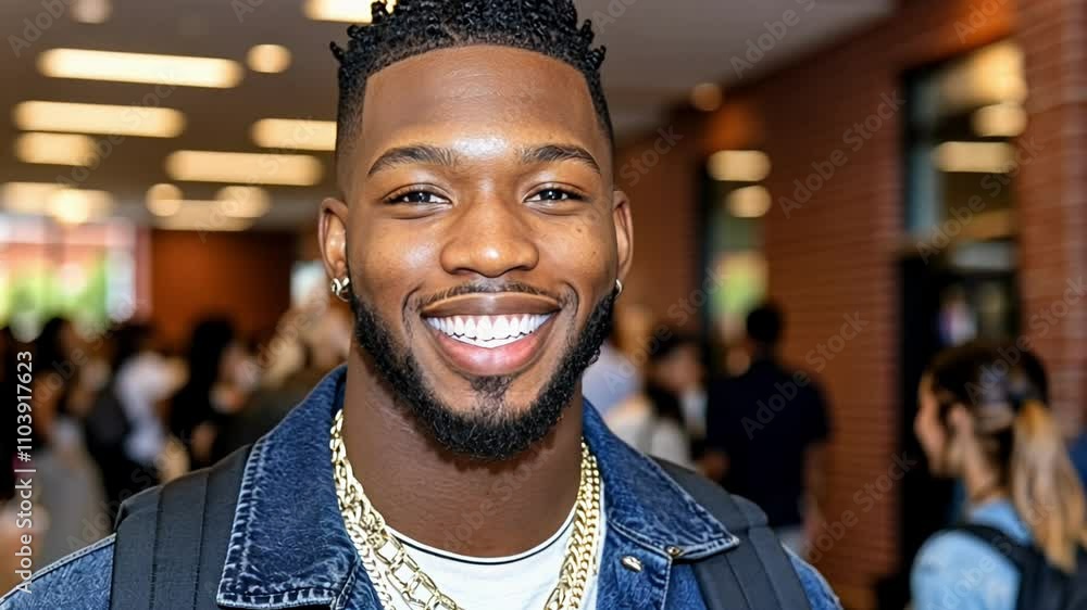Young Man Smiles Confidently in a Busy School Hallway Filled With Students During the Daytime Young Man Smiles Confidently in a Busy School Hallway Filled With Students During the Daytime