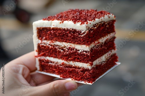 A hand holding a piece of red velvet cake with cream frosting and red sprinkles.