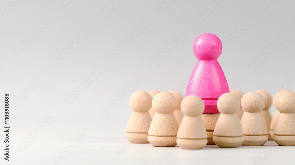 pink figure stands out among neutral wooden figures, symbolizing individuality and uniqueness in group setting. Leadership and teamwork concept. pink figure stands out among neutral wooden figures, symbolizing individuality and uniqueness in group setting. Leadership and teamwork concept.