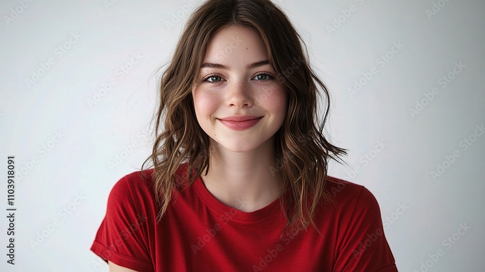 Cheerful young woman smiling in casual red t-shirt against backdrop Cheerful young woman smiling in casual red t-shirt against backdrop