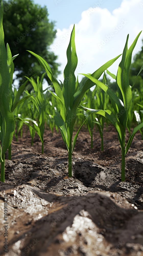A close-up view of young corn plants growing in rich, dark soil under a bright sky. A close-up view of young corn plants growing in rich, dark soil under a bright sky.