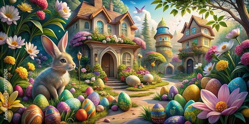 Vibrant Architectural Easter Celebration with Colorful Eggs, Bunnies, and Blossoming Flowers in a Charming Garden Setting for Seasonal Holiday Text and Greetings