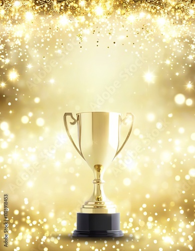 Golden E-Sports winner trophy on gold glitter and bokeh background. Created with generative AI technology
