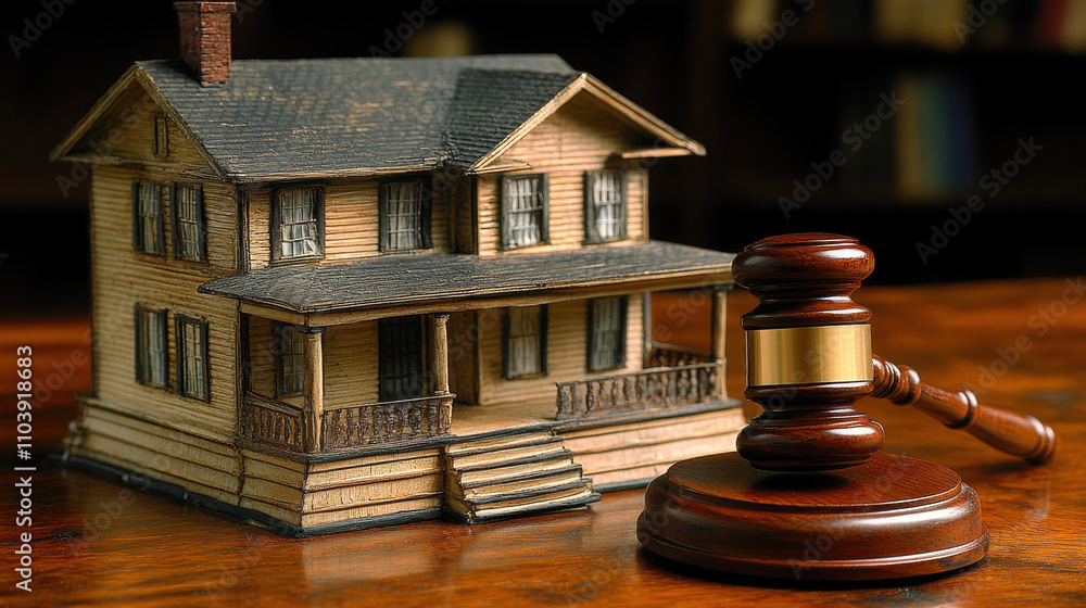 gavel and small model house on wooden table symbolize legal matters in real estate. This evokes sense of justice and property ownership gavel and small model house on wooden table symbolize legal matters in real estate. This evokes sense of justice and property ownership