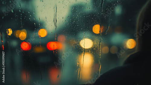 vidro com chuva com blur e luzes de carros