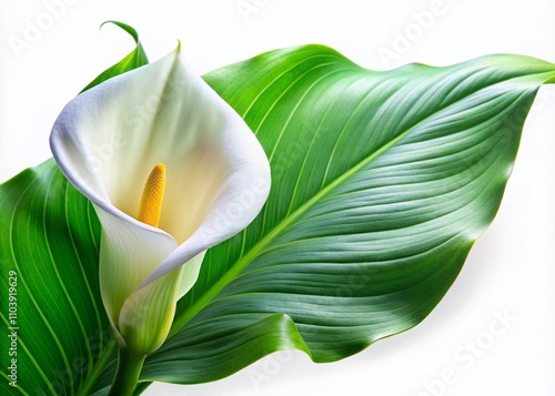 Vibrant Blooming Calla Lily Isolated on White Background with Ample Copy Space for Text or Design Elements, Perfect for Floral Themes and Nature Inspired Projects