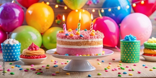 Vibrant Birthday Party Scene Featuring a Delicious Sliced Pink Funfetti Cake with Colorful Decorations and Candles, Perfect for Celebrations and Festive Gatherings