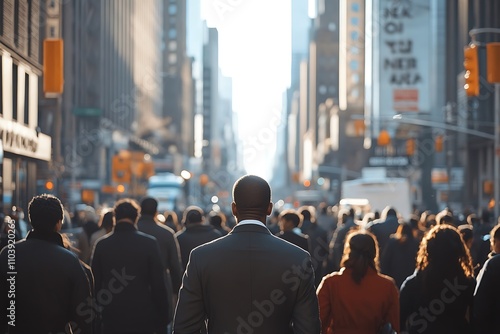 Man in Suit Walking Sunlit Urban Street, Blurred Background